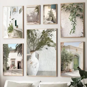 Scandinavian Simple Bohemian Wall Art Spanish Architecture Green Leaves Reeds HD Canvas Painting Poster Print Home Decor Gift