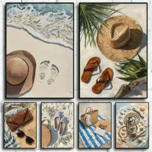 Retro Summer Beach Still Life Seaside Seashells Rope Nautical Poster Canvas  Wall Art Pictures Home Interior Decor