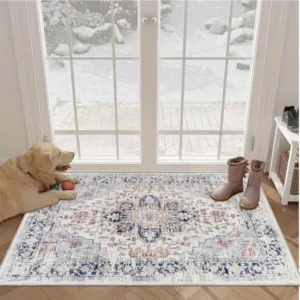 Vintage Persian Blue White Flannel Bath Mat, Elegant Medallion Pattern Anti-Slip Absorbent Rug for Living Room & Bedroom,