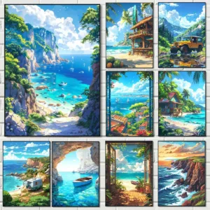 Blue Cabin Beach Forest Canvas Painting  Sea Summer Beach Bar Anime Wall Art HD Print Poster for Living Room  Modern Home Dec