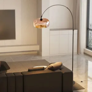 Modern Arc Fishing Floor Lamp Smoked Glass Shade Black Metal Curved Arm LED Standing Lamp Living Room Sofa Side Decor Lighting