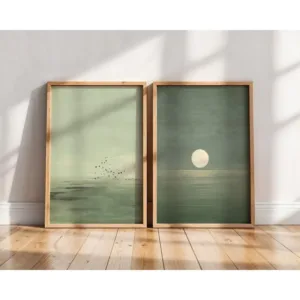 2pcs Frameless Wall Art, Simple Sage Green Sunset Print, Scandinavian Zen Decoration, Abstract Landscape Art, Bohemian Wall Art