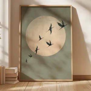 Sun and Flying Birds Wall Art, Frameless Canvas for Living Room Bedroom Decor Sage Green Japandi Art Print - Large Abstract