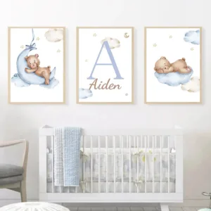 Cartoon Bear Blue Cloud Moon Wall Art Baby Custom Name Poster Canvas Painting Nursery Print Nordic Wall Pictures Kids Room Decor