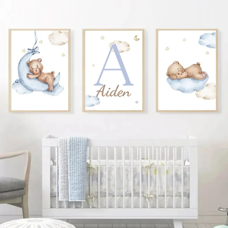 Cartoon Bear Blue Cloud Moon Wall Art Baby Custom Name Poster Canvas Painting Nursery Print Nordic Wall Pictures Kids Room Decor