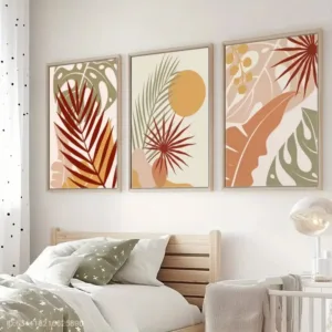 3 Piece framed plant canvas art print set - Modern Bohemian Style，Sage green，bright yellow，Beige，Minimalist Wall Decoration，Suit