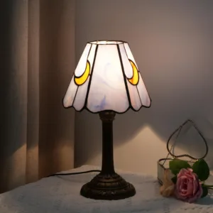Modern Moon Stained Glass Table Lamp Cute Small Bedside Lamps for Living Room Home, Unique Aesthetic Home Decor Girls Gift