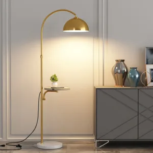 Nordic Minimalist Retro Luxury Arc Floor Lamp with Integrated Side Table Standing Light for Living Room Sofa Side Bedroom Decor