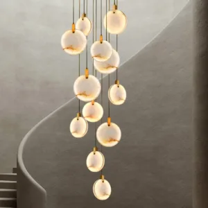 Nordic LED Marble Chandelier Attic Lobby Lighting Luxury Living Room Staircase Marble Pendant Lamp Home Decor Ceiling Chandelier