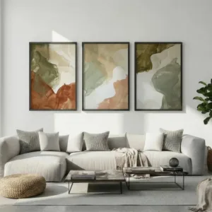 Set of 3 Olive Green Sage and Terracotta Posters, Modern Organic Living Room Wall Art, Calm Earthy Tones Minimalist Art Print
