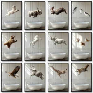 Funny Bathroom Wall Art Decor Poster Vintage Style Retro Photo Canvas Painting Animals Jumping Into Bathtub Print for Home Decor