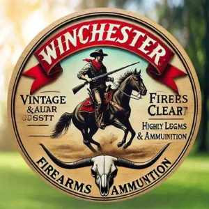 2D Flat, 1pc Winchester Vintage Round Metal Tin Sign - 8x8 Inch Iron Wall Art with Classic Horseback Hunting Design, Firearm & A
