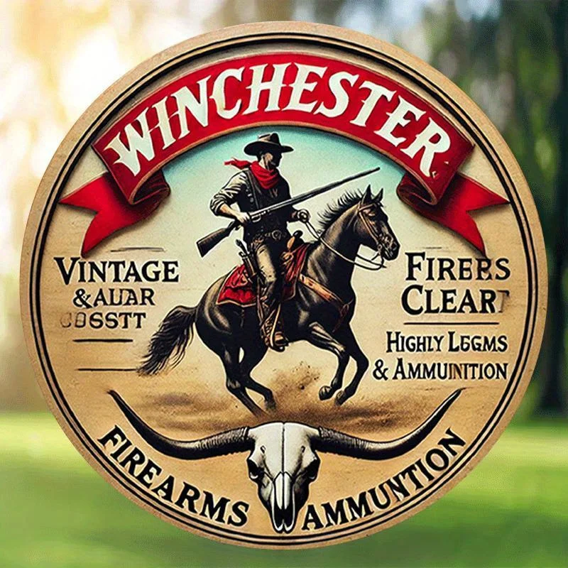 2D Flat, 1pc Winchester Vintage Round Metal Tin Sign - 8x8 Inch Iron Wall Art with Classic Horseback Hunting Design, Firearm & A