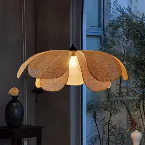 Rattan Woven Petal Pendant Lamp LED 3 Color Dining Room Chandelier Bedroom Living Room Tea Room Home Decoration Lighting Fixture