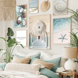 Vibrant Summer Beach Seawater Canvas Picture Palace Sand Carving Sea Shell Print Painting Coconut Poster Modern Nordic Decor Art