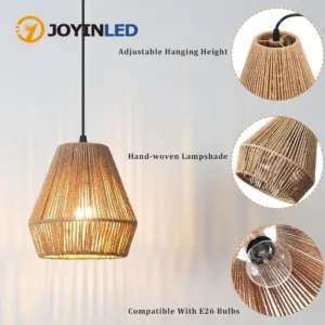 Rustic Woven Pendant Light Kitchen Island Boho Hanging Lamp Fixture with Hand-Woven Rattan Shade for Bedroom Dining Room Hallway