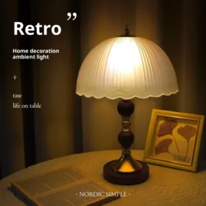 Solid Wood Nordic Table Lamp Bedside Light Luxury High-end Bedroom Decoration Table Lamp Retro Glass Creative Night Lamp B & B