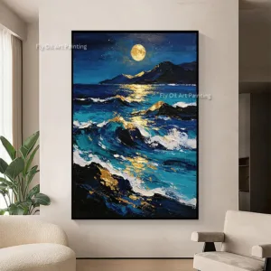 Large Abstract Seascape Hand Painted Oil Painting Golden Moon Reflection Blue Ocean Waves Canvas Art Luxury Living Room Wall Art