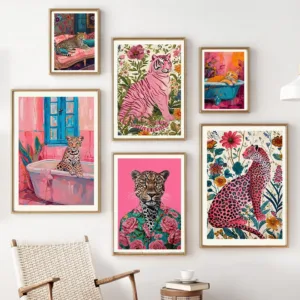 Vintage Colourful Fashionable Animal Art Painting Tiger Leopard Cat With Bathtub Canvas Painting Print Home Room Bathroom Decor