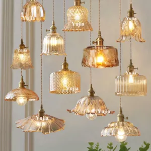 Multi-style Pendant Light Amber Glass Lmapshade Brass Vintage Bedside Lamp Adjustable Hanging Light Kitchen Island Dining Room