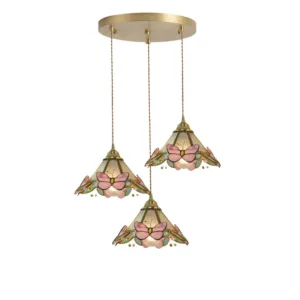 Vintage Brass Handcrafted Stained Glass Chandelier Japanese Restaurant Cozy Hang Lamp Bedside French Light Pink Butterfly Light