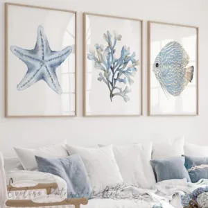 Coastal Frameless Poster Wall Art Set of 3 Ocean Fish Coral Starfish Beach House Prints Home Canvas Art Wall Decoration Poster