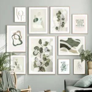 Wall Art Canvas Painting Gray Green Abstract Line Body Eucalyptus Leaves Minimalist Living Room Decor Poster Prints Wall Picture