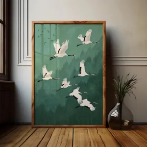 Sage Green Gold Japandi Art Print-Abstract Flying Birds Wall Art for Living Room and Bedroom Decor Unique Japanese-Inspired G