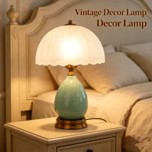 Vintage Crackle Green Ceramic Table Lamp, Pleated Scalloped Frosted Glass Lampshade, Antique Gold Metal Base Bedside Nightstand Lamp, Elegant Decor Desk Lamp for Bedroom Living Room Hotel Home Decor