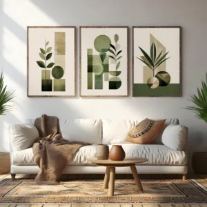 Mid‑Century Geometric Botanical Wall Art Set, Sage Olive Green Abstract Leaf Canvas Prints, Minimalist Boho Neutral Home Decor