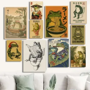 Toilet Humor Japanese Frog in Bathtub Canvas Painting Prints Poster Retro Japandi Fun Animal Art Prints Wall Art Home Decor