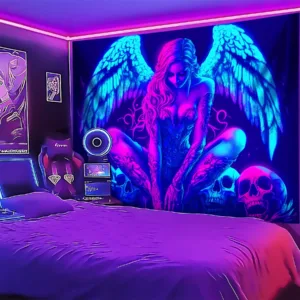 VIKAMA Cyberpunk Angel Skull Tapestry Psychedelic Art Bedroom Gaming Room Bar Hanging Cloth Home Decor