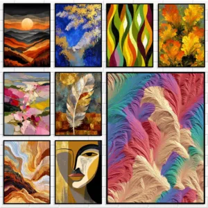 Abstract Gold Foil Canvas Prints Textured Feather Mountain Sunset Floral Portrait Colorful Wave Modern Nordic Home Decor Poster