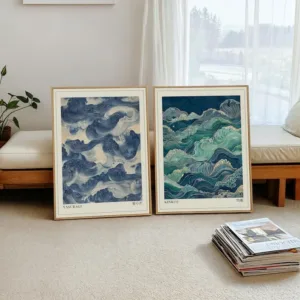 2pcs Japandi Sage Green and Blue Waves Wall Art Posters, Unframed Wabi Sabi Canvas Prints for Living Room and Bedroom Decortions