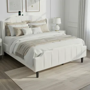HOOMIC Full/Queen Velvet Platform Bed Frame with Wingback Headboard & Footboard, Vertical Tufted, Built-In Charging Station