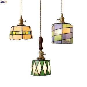 IWHD France Europe Sytle LED Pendant Light Fixtures Wood Copper Glass Lampshade Vintage Edison Bulb Hanging Lamp Home Indoor