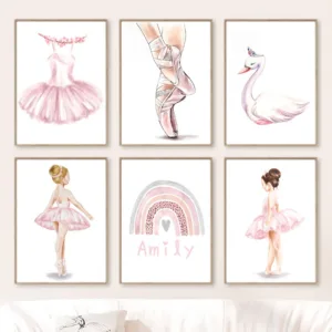 Pink Ballet Girl Swan Butterfly Rainbow Name Custom Wall Art Canvas Painting Posters And Prints Picture For Baby Kids Room Decor