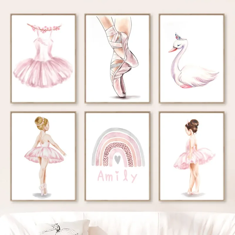 Pink Ballet Girl Swan Butterfly Rainbow Name Custom Wall Art Canvas Painting Posters And Prints Picture For Baby Kids Room Decor