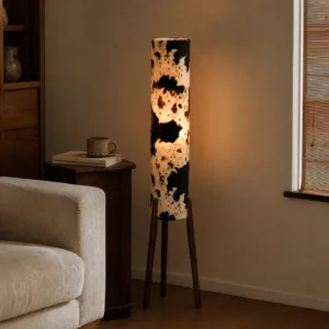 Nordic solid wood tripod floor lamp with cow pattern fabric lampshade soft lighting living room bedroom decoration standing lamp