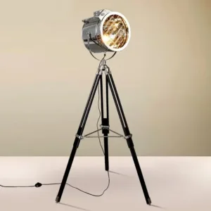 Nordic Modern Floor Lamp with Tripod Base Silver/Golden Industrial Searchlight Wooden Studio Standing Light for Home Decor