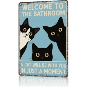 Funny Bathroom Cat Welcome Sign Retro Rectangular Iron Plaque Rustic Wall Art for Toilet Cat Lover Gift