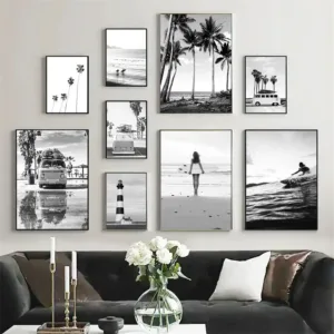 Black And White Sea Beach Surfing Bus Posters Wall Art Canvas Painting Coconut Tree Print Pictures Nordic Poster Home Decoration