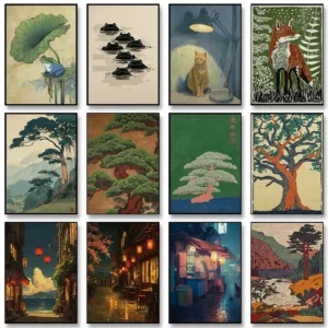 Retro Mountain Forest Japanese Pine Abstract Plants Night View Canvas Painting Wall Art Poster Picture Home Decor Mural Cuadros