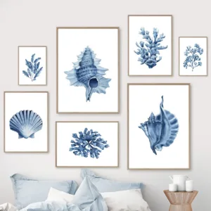 Blue Seaweed Coral Shell Conch Watercolor Wall Art Canvas Painting Nordic Posters and Prints Wall Pictures for Living Room Decor