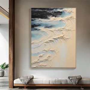Mhemyo Textured Ocean Wave Wall Art Abstract Hand Painted Coastal Blue Beige Oil Painting On Canvas Layered Paint For Home Decor