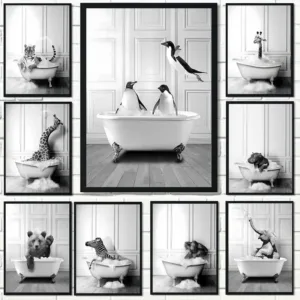 Nordic Bathroom Decoration Animal Poster Elephant Giraffe Toilet Bathtub Black White Canvas Painting Retro Wall Art Home Decor