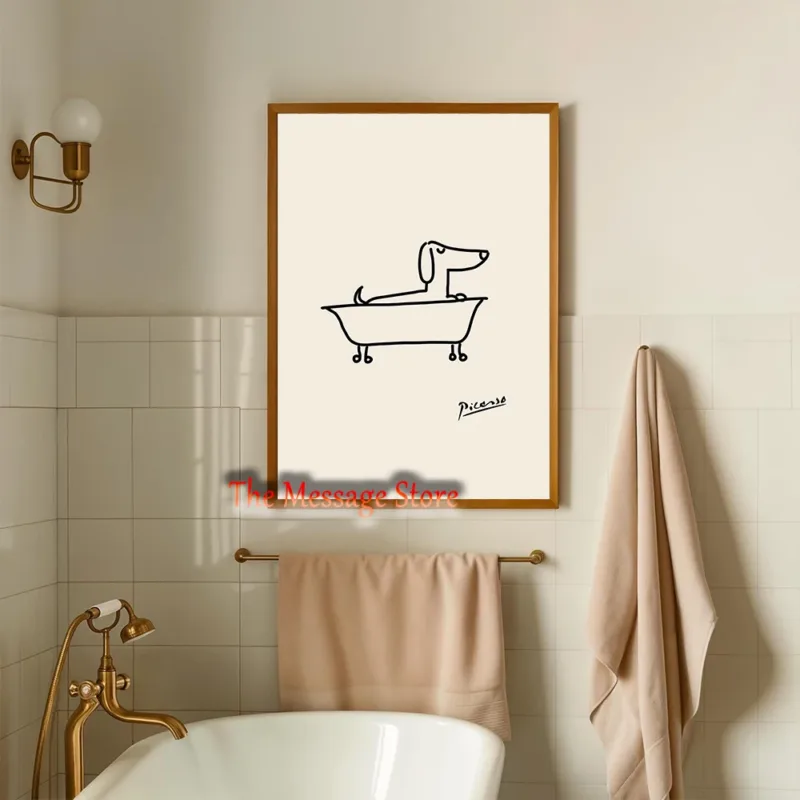 Abstract Line Art Bathroom Pig Dog Cat Animal in Bathtub Taking Shower Minimalist Poster Canvas Painting Wall Picture Home Decor