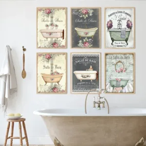 Retro French Bathroom Decoration Poster Bathtub Canvas Painting Nordic Watercolor Floral Room Wall Art Pictures For Home Decor
