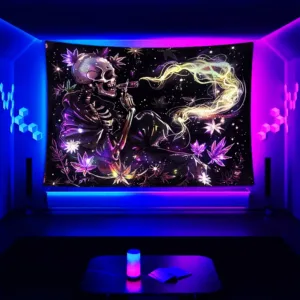 VIKAMA Steamwave Neon Skull Tapestry Glowing Pipe Mist Floral Art Mural Dark-Themed Living Room Feature Wall Room Decor