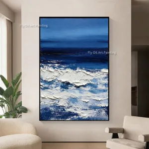 Deep Blue Sea Thick Impasto Wave Oil Painting Hand Painted Abstract Seascape Wall Canvas Art New Simple Artwork For Decor